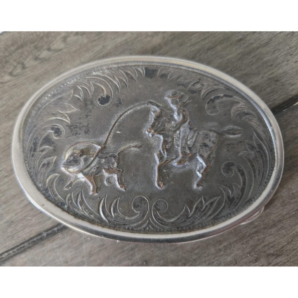 Steer Wrestling Bull Dogging Rodeo Cowboy Western Scroll Vintage Belt Buckle Vtg